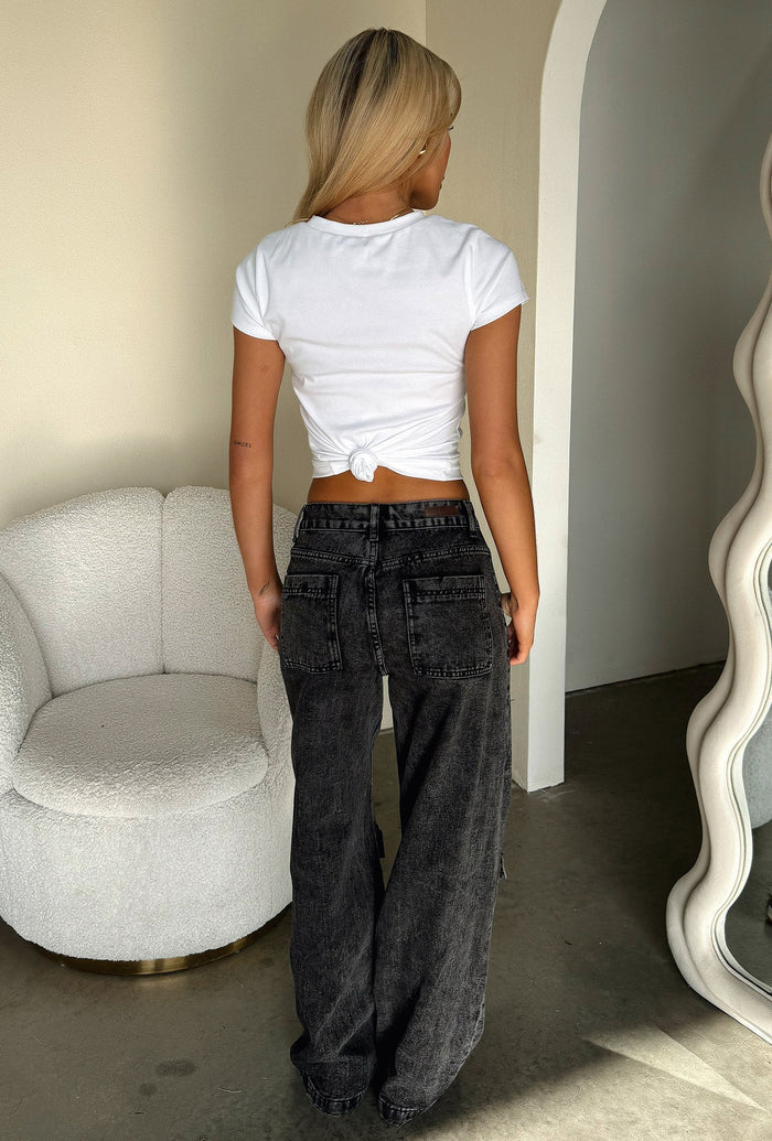 Adalia Mid Rise Wide Leg Jeans - Black Acid Wash