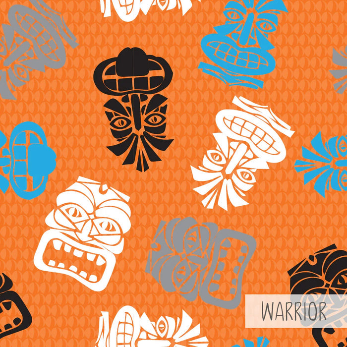 Orange pattern with blue, black, white, and gray tribal warrior mask designs