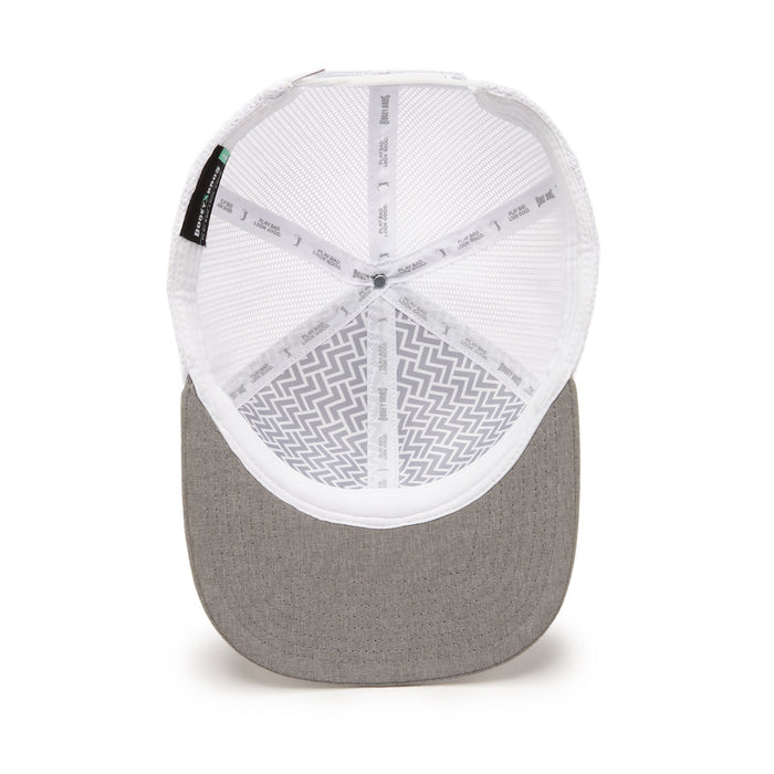 A look inside the Bogeyman Heather/White Mesh Trucker Hat – Snapback reveals a white mesh crown, white inner band, light gray brim, and custom interior lining with white zigzag crisscross bands.