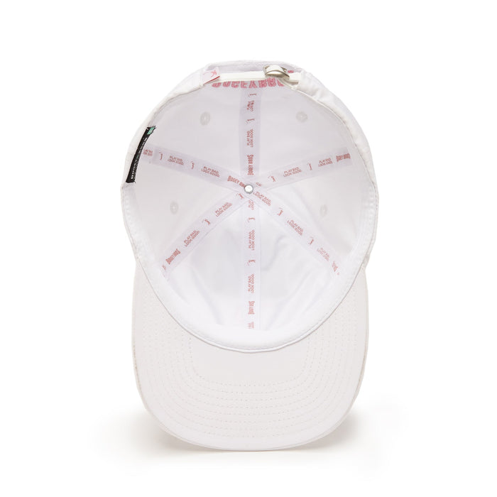 The Bogeyman White/Pink Dad Hat is shown from the inside, featuring visible interior stitching and sweatband, pink Bogeyman text along the seams, and an adjustable back strap with a metal buckle, all set against a white background.