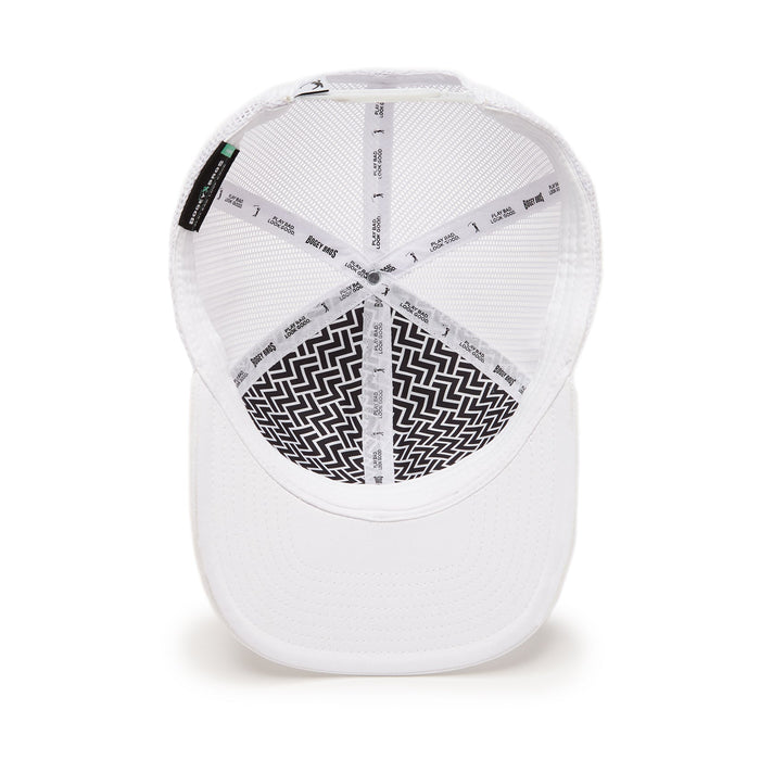 Overhead view of the Bogeyman White/White Mesh Trucker Hat - Snapback, revealing a black-and-white zigzag front panel, mesh back sides, and black-and-white branded seam tape inside for added style.