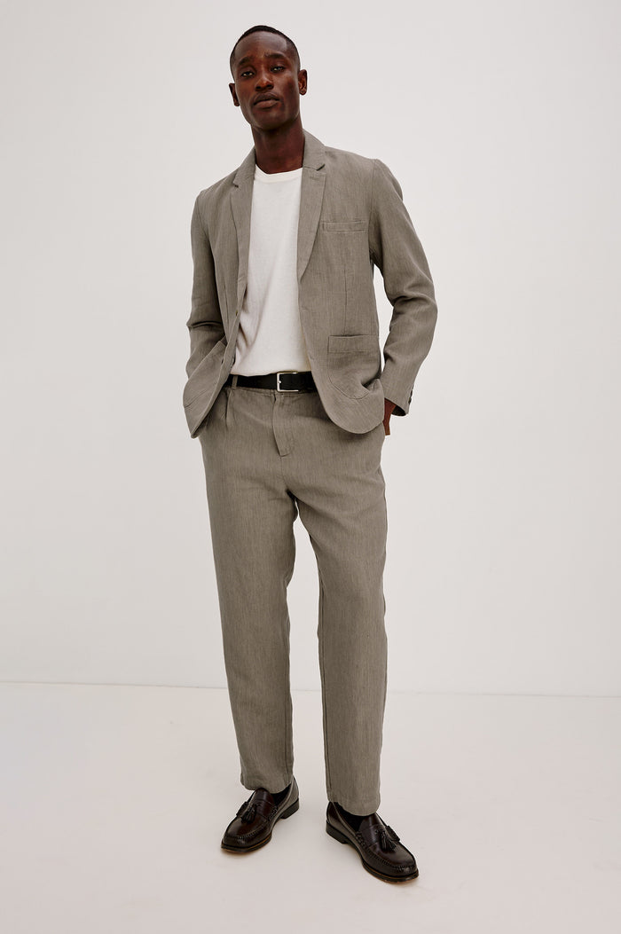 Bond Blazer in Cotton Wool Linen Blend, Single-Breasted, Notched Lapels, Chest Welt Pocket, Front Patch Pockets, and Long Sleeves With Button Cuffs in Walnut Colorway - Full Body Front View Featured on Model