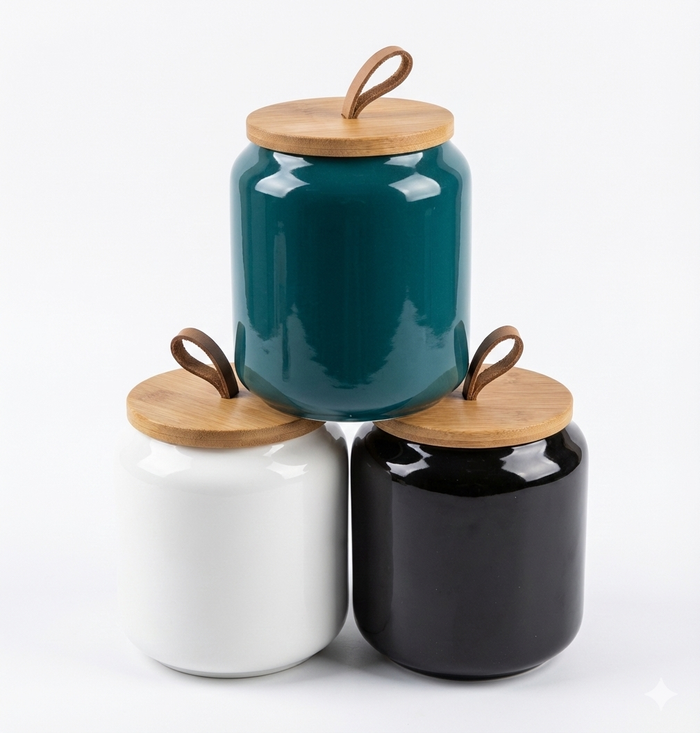 Ceramic storage jar with bamboo cover and loop handle – Home Hatch Pakistan