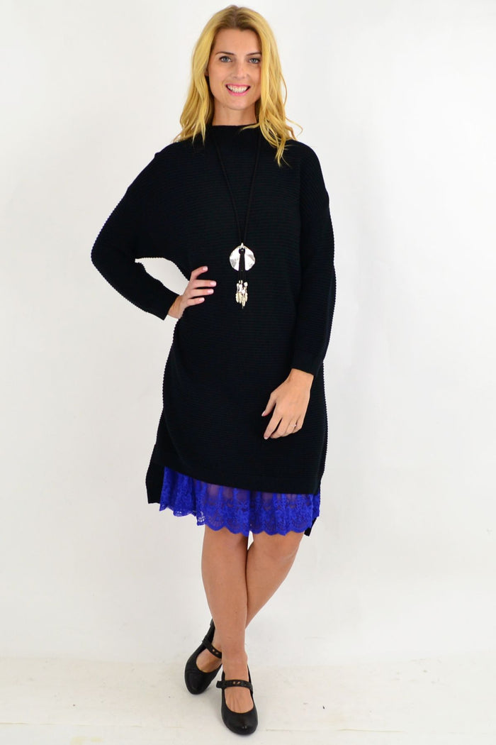 Cobalt blue lace trim slip from Threadz's Clarity Basics collection, featuring delicate lace details and smooth fabric.