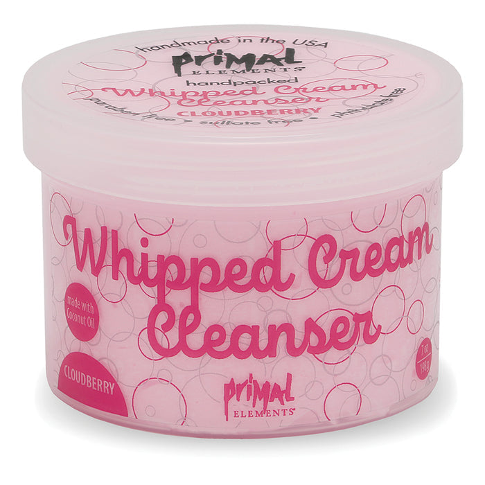 Cloudberry Whipped Cream Cleanser | Primal Elements in a pink container with decorative bubble patterns, designed for gentle skincare and cleansing with natural ingredients.