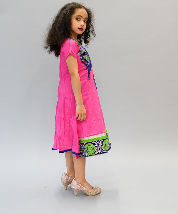 Cotton Hot Pink Embroidered Girl's Kurta