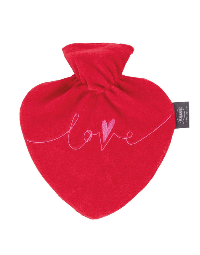 Red Fashy heart-shaped hot water bottle with plush cover and love embroidery