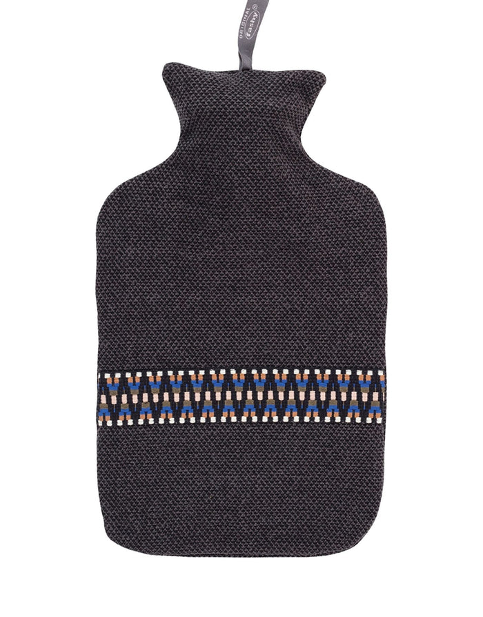 Fashy 2L hot water bottle in black with colorful geometric knit cover