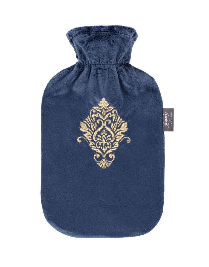 Deep blue velvet Fashy 2L hot water bottle with gold damask design