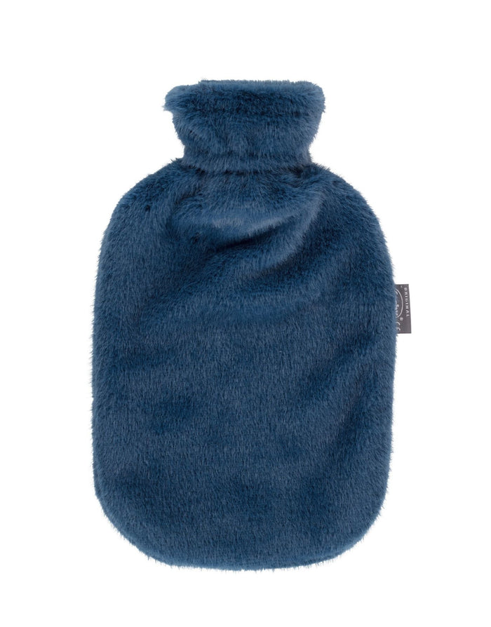 Fashy 2L hot water bottle with plush navy blue cover
