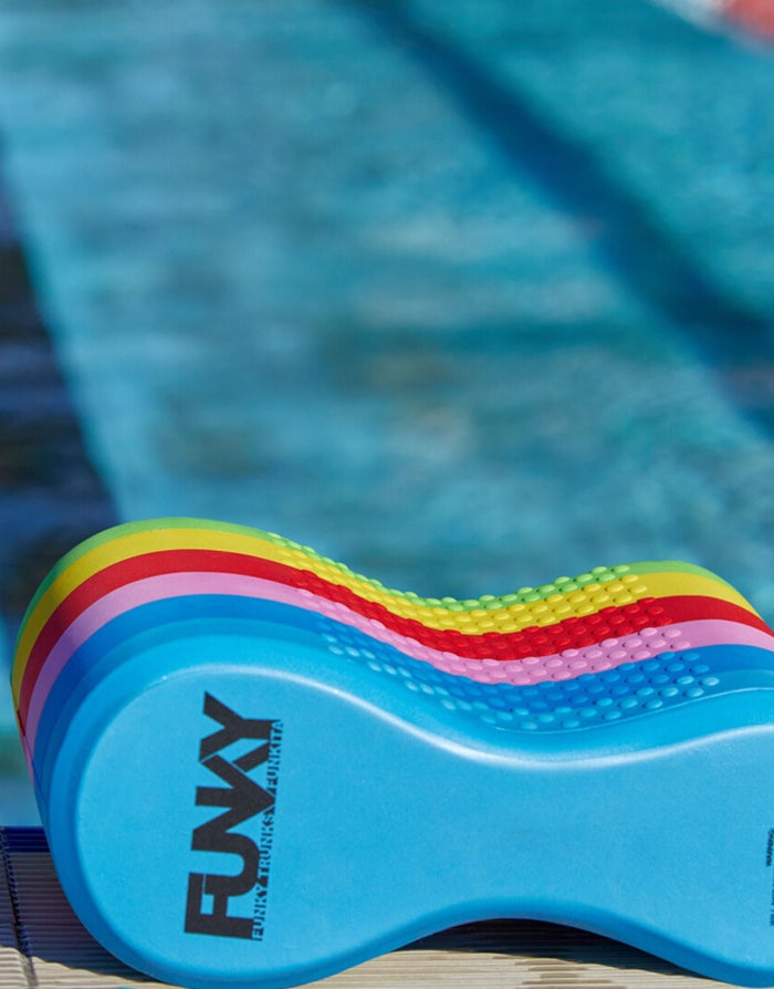 Funky Trunks Rainbow Racer elite squad pull buoy with blue rainbow noodle and funny text