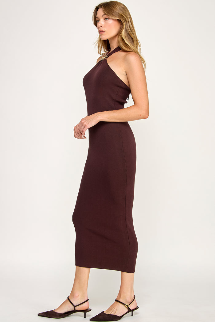 Gilt Maxi Dress - Gold Trim Halter Tie Back Open Shoulder