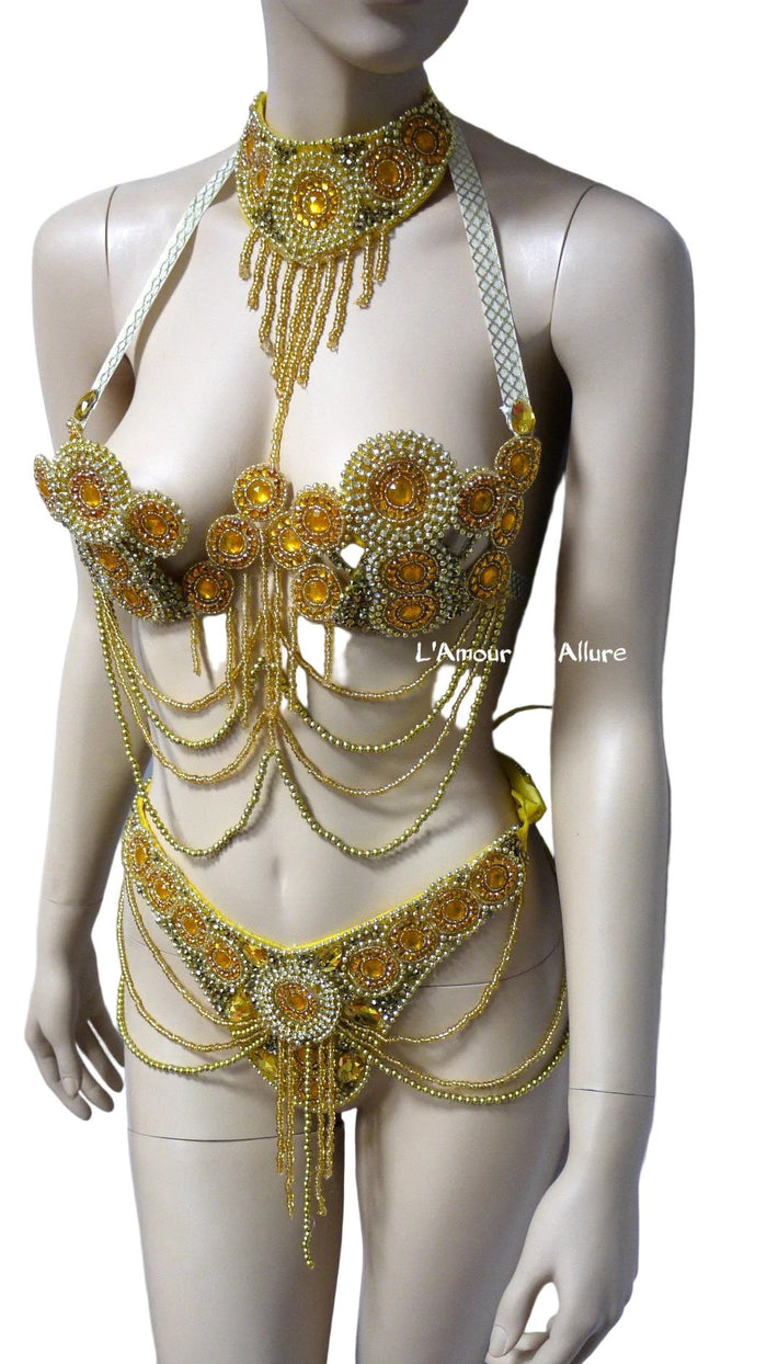 Gold Beaded Carnival Samba Top and Bottom Dance Costume Belly Dancer Burlesque Show Girl