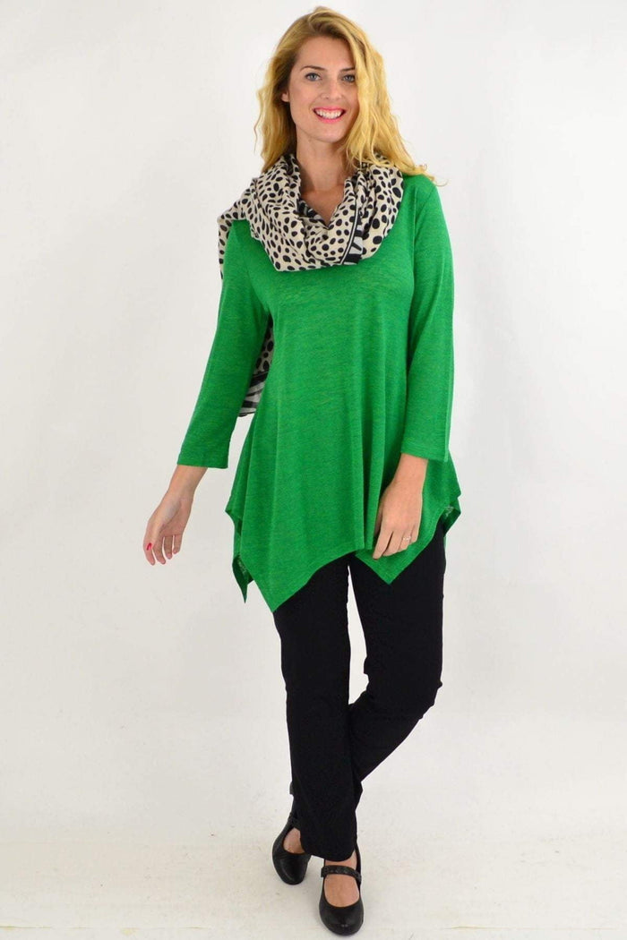 Green Vee Tunic Top by Envogo, lightweight tunic with V-neck and long sleeves, shown on a hanger.