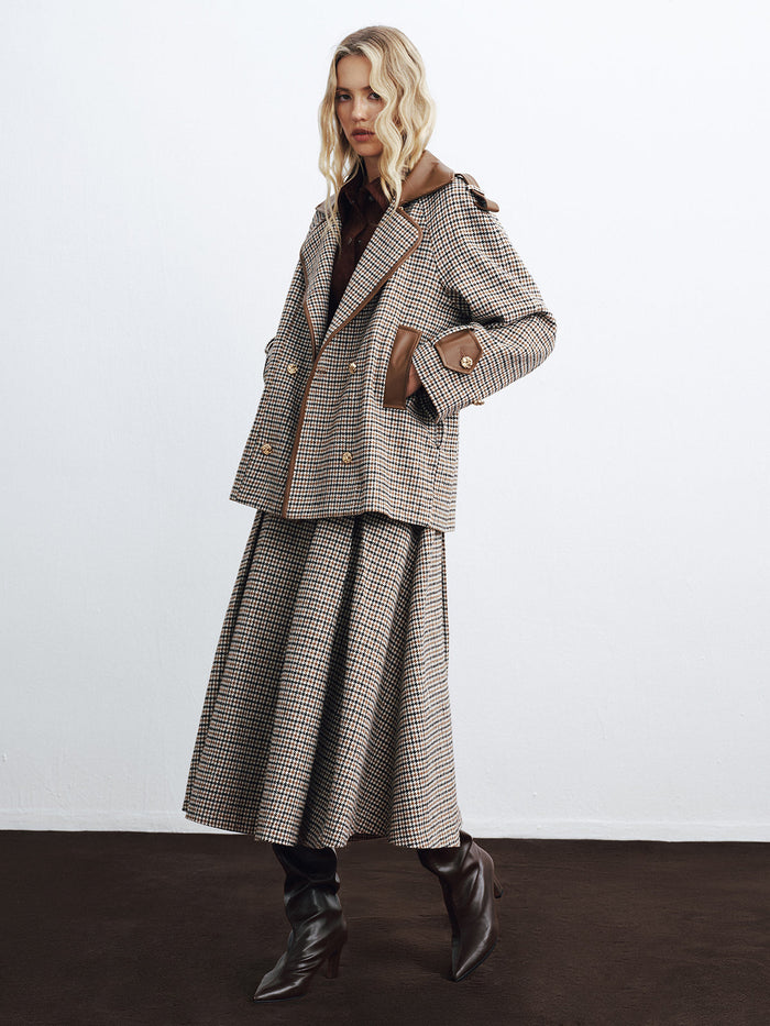 High-Waist Belted Houndstooth Wide-Leg Pants