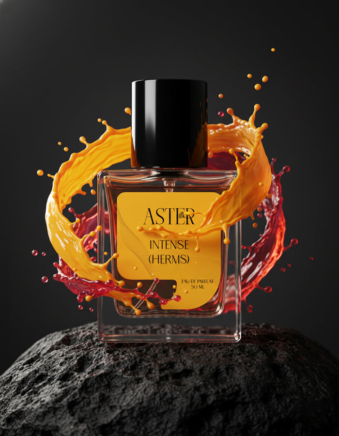 Perfume bottle with colorful splash on a dark background