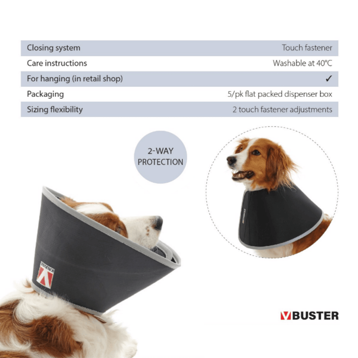 White background with a brown and white collie dog wearing a Elizabethan style foam recovery collar, with a guide about how to fit the recovery collar.