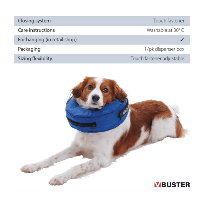 White background with a Blue nylon donut style recovery collar with a guide about how to care for the recovery collar. With a dog wearing a recovery collar below.