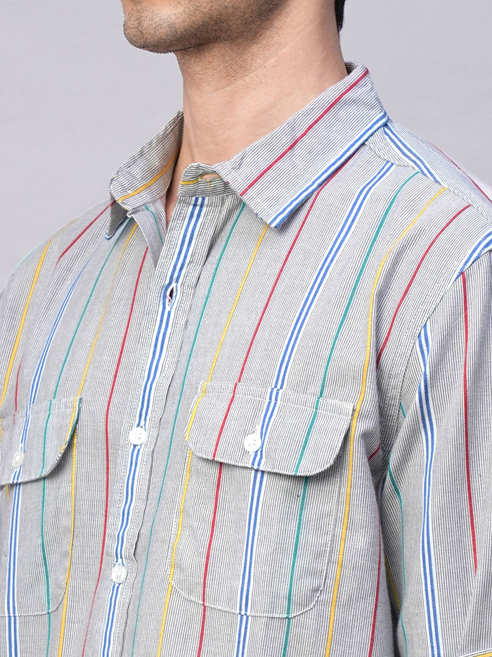 Men's 100% Cotton Regular Fit 2 Pocket Stripe Summer Shirt Blue