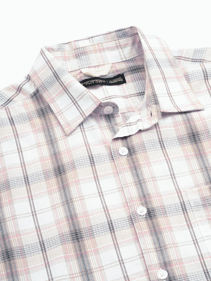 Men's 100% Cotton Regular Fit Brown Check Short Sleeve Shirt White