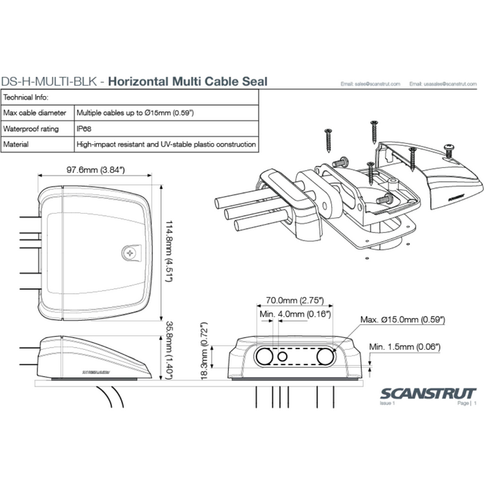 Waterproof multi cable roof seal DS-H-MULTI-BLK for caravans