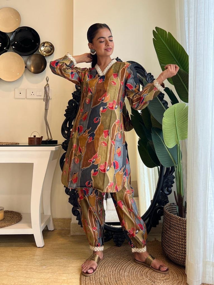 Olive Dark Floral Afghan Coord Set