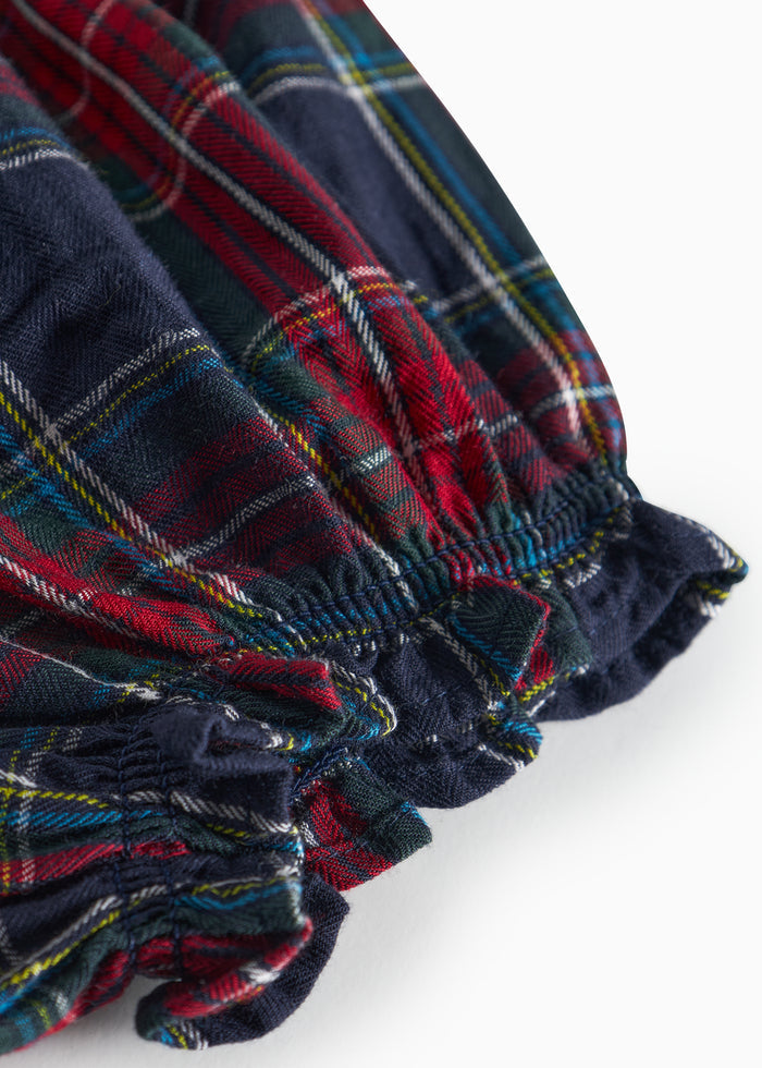 Dark blue and red checked bloomers with elastic waist and leg openings for baby