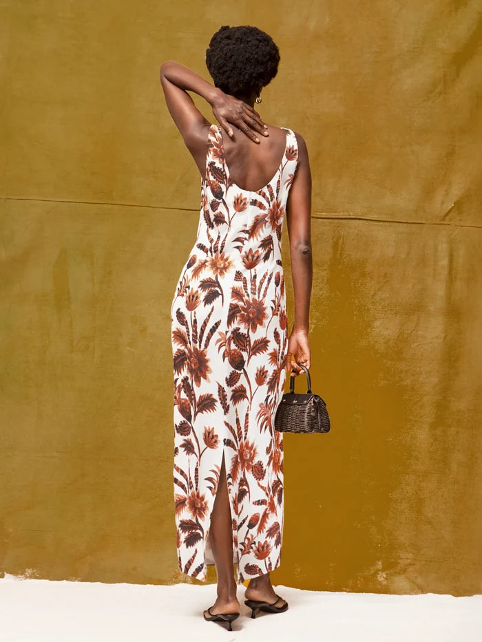 Petite Brown Tropical Floral Linen Blend Dress