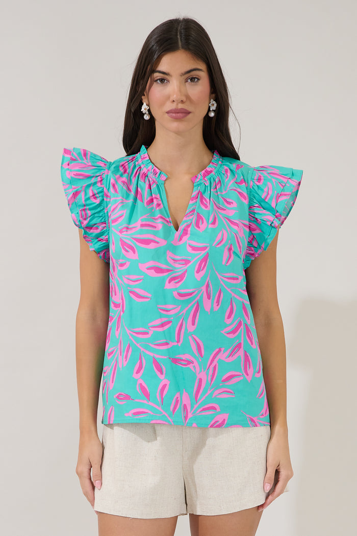 Risette Ruffle Split Neck Top Palmate