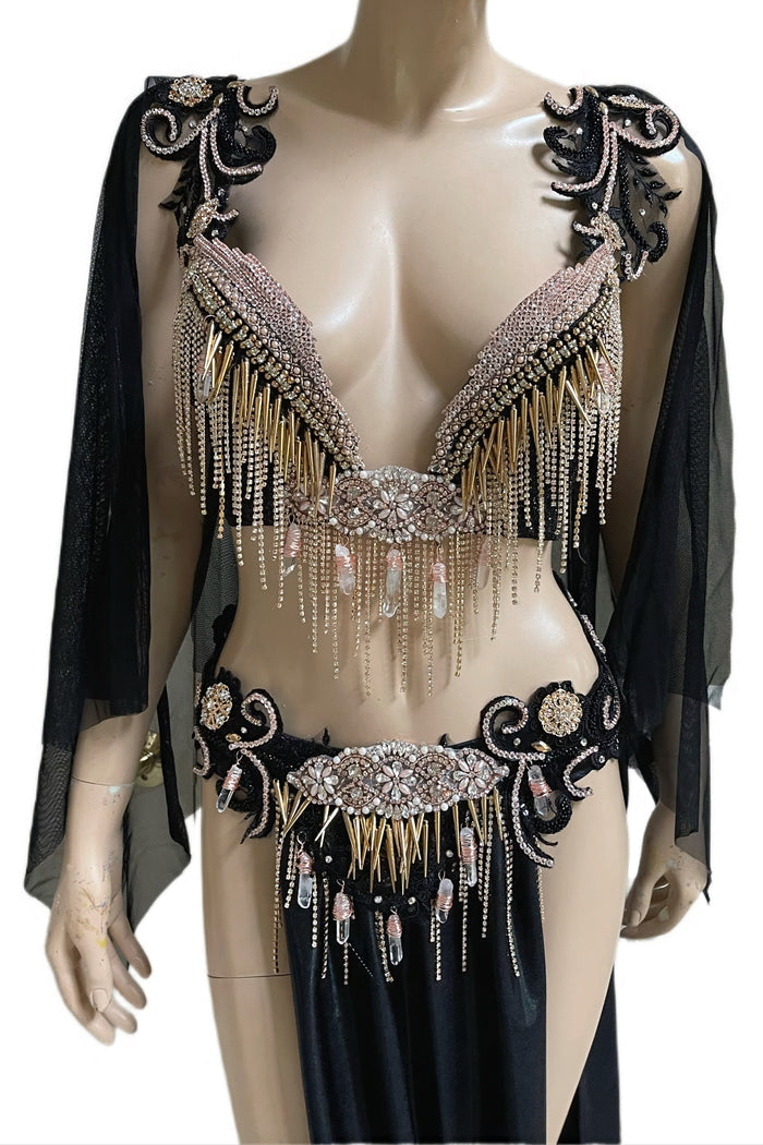 Rose Gold Roman Goddess Top and Skirt with Rhinestone Fringe