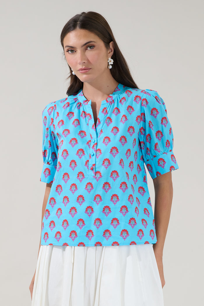 Rosio Button Split Neck Top Floral