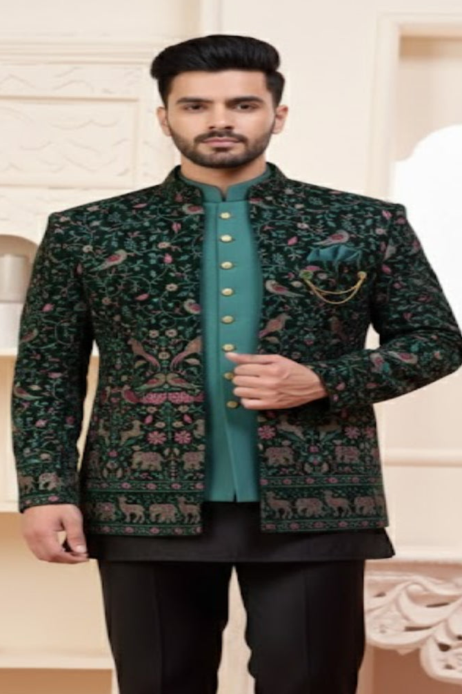 Royal Green Embroidered Bandhgala with Teal Kurta – Wedding Special