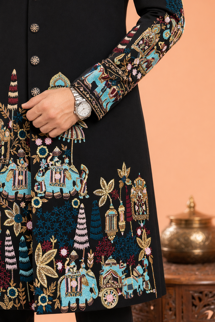 Royal Noir Elephant Embroidered Indo Western for Men