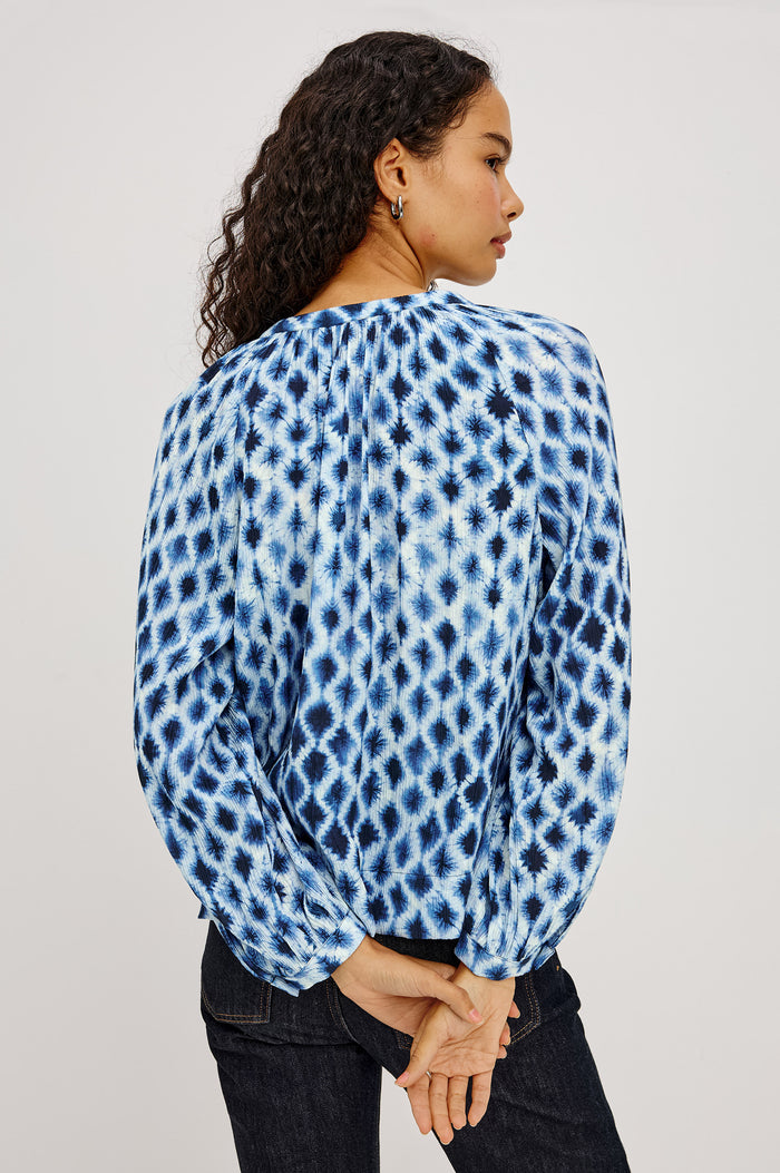 Saint Shirt in Lightweight Crinkle Chiffon With Loose Fit, Split V-Neckline, Button Front, and 3/4-Length Raglan Puff Sleeves in Sapphire Shibori Colorway - Upper Body Back View Featured on Model