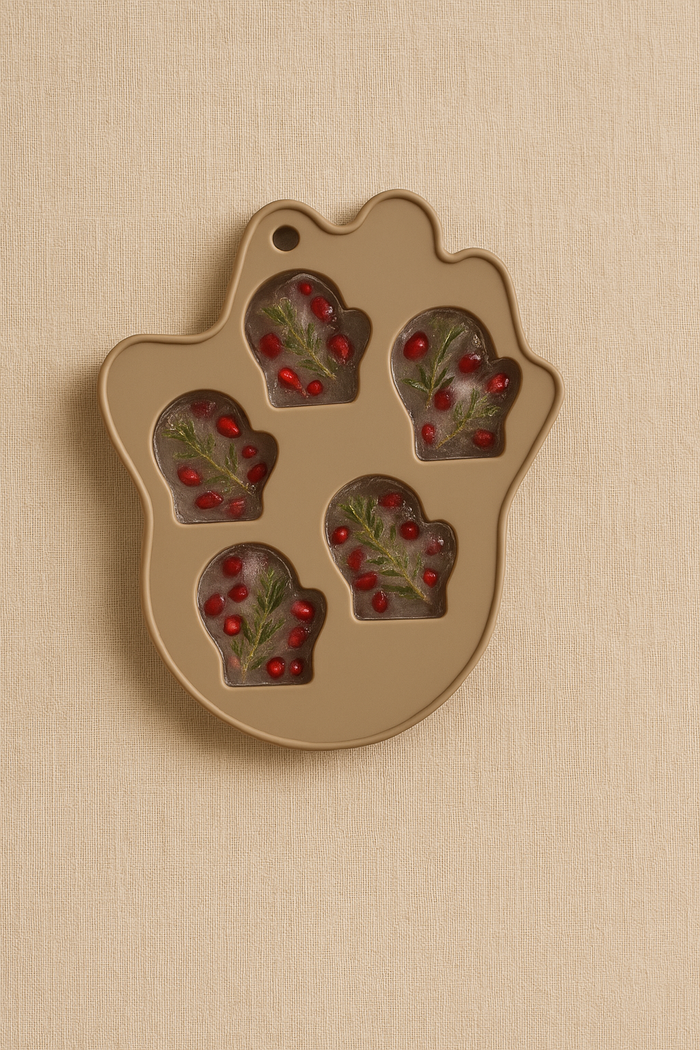 Mitten-shaped silicone mold with ice cubes containing pomegranate seeds and rosemary.