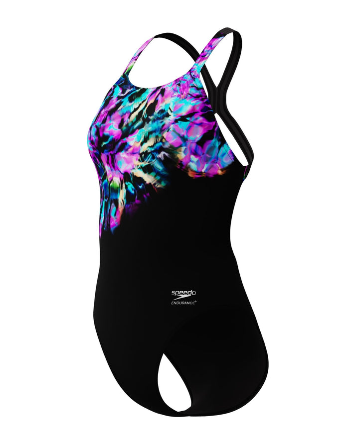 Speedo Club Training Printed Powerback Swimsuit - Black/Purple