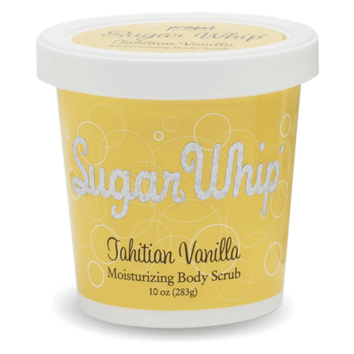 Container of Tahitian Vanilla Sugar Whip Moisturizing Body Scrub in bright yellow packaging with white lid, featuring "Tahitian Vanilla Sugar Whip Body Scrub 10 oz | Primal Elements" branding for skincare and body care.