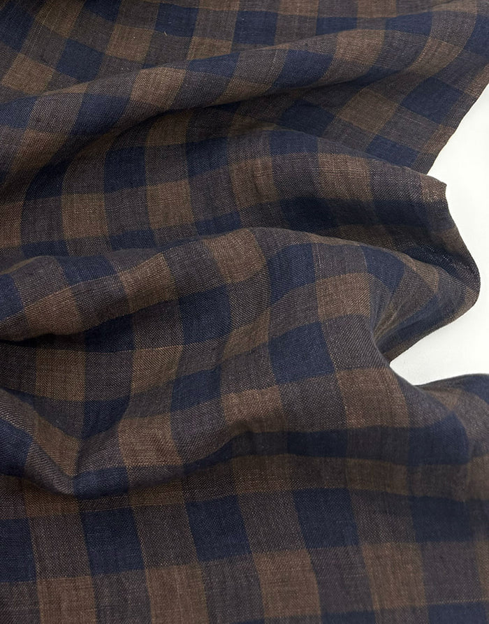 Tropea Washed Linen Check Fabric, Tobacco & Navy