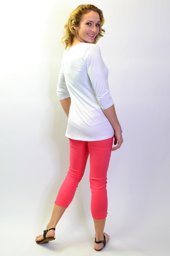 White bamboo jersey tunic top with 3/4 sleeves from La Bay, showcasing a simple, comfortable basic style.