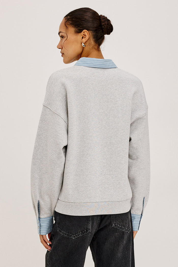 Zavier Sweatershirt in French Terry in Relaxed Slightly Cropped Fit, Contrast Poplin Collar and Cuffs, Quarter-Button Placket, and Ribbed Hem in Heather Grey Colorway - Upper Body Back View Featured on Model