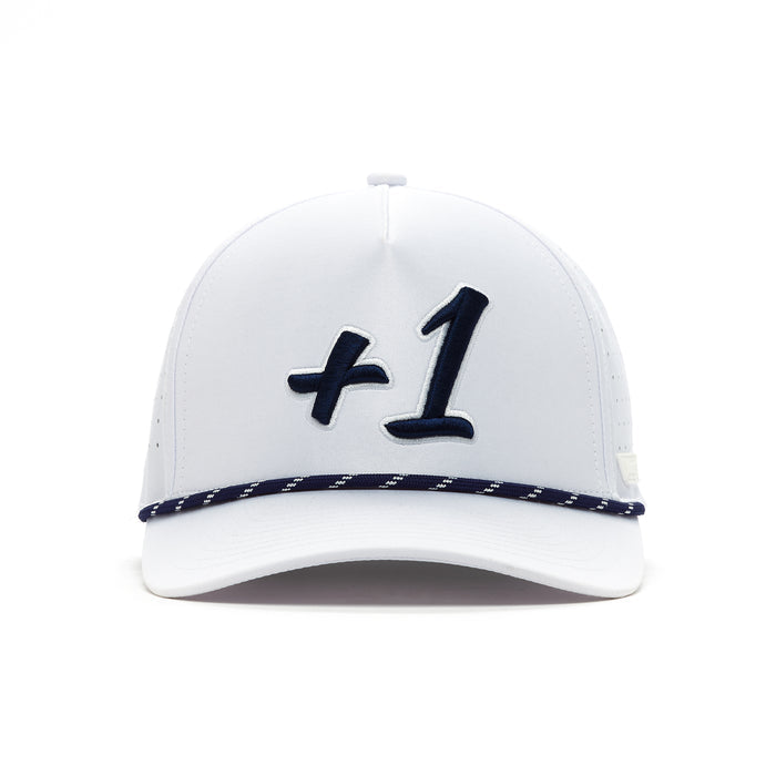 The '+1 - Performance Golf Rope Hat - Snapback' is a white baseball cap with a large dark blue “+1” embroidered on the front and a matching blue rope detail above the brim.