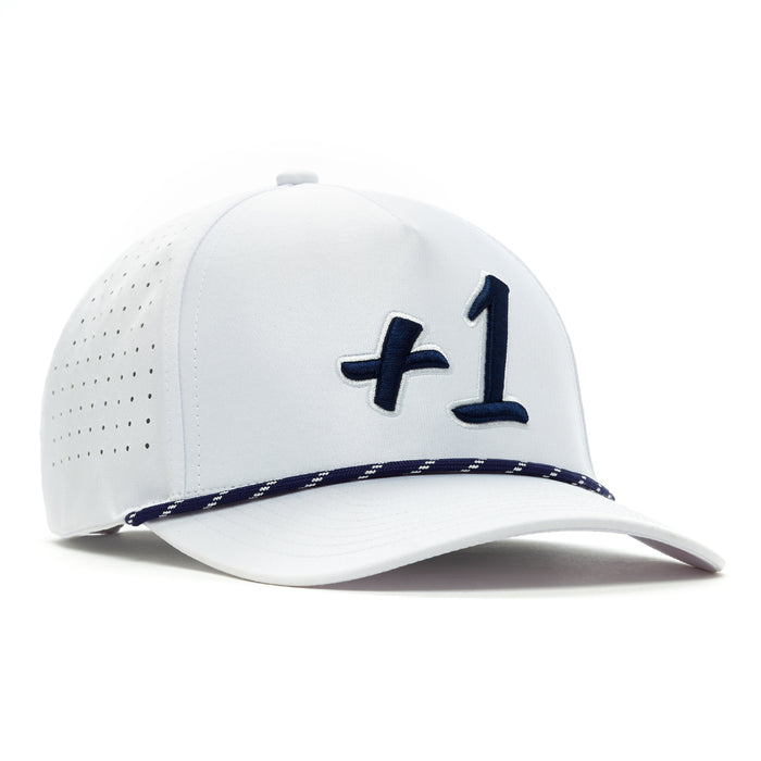 The +1 - Performance Golf Rope Hat - Snapback is a white cap featuring a navy blue +1 embroidered on the front, performance material with side ventilation holes, a navy and white rope above the brim, and an adjustable snapback for comfort.