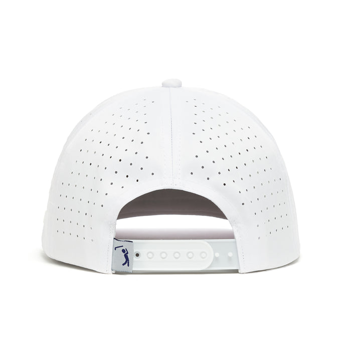 The '+1 - Performance Golf Rope Hat - Snapback' is shown from the back in white, featuring performance material with perforated holes for ventilation, an adjustable snapback strap, and a small blue logo tag on the left. Plain white background.