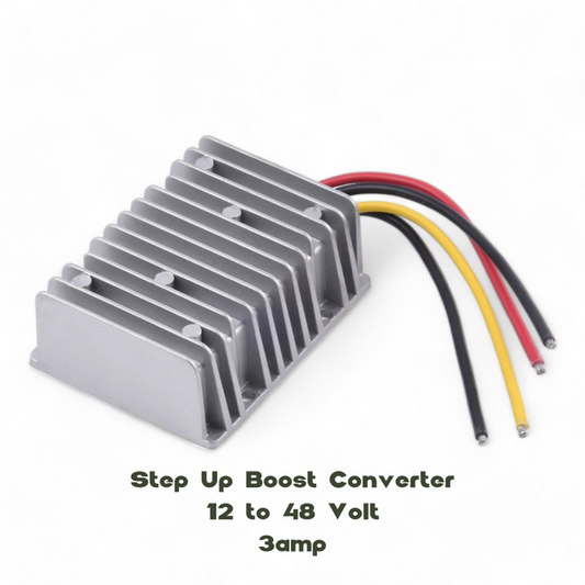 12–48V 3A boost step-up converter module on workbench