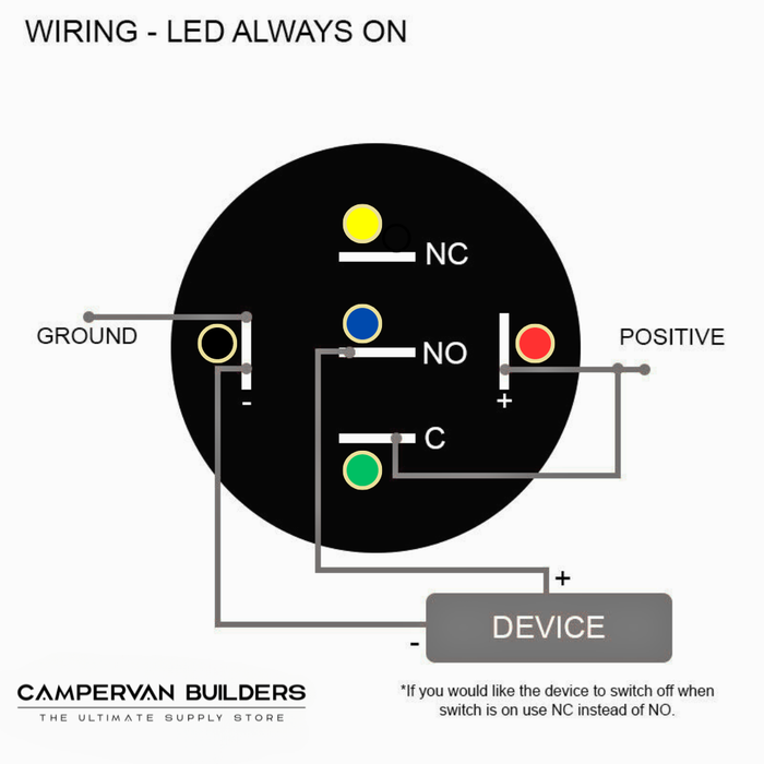 black anodised 19mm push button switch with green led for campervan fitouts
