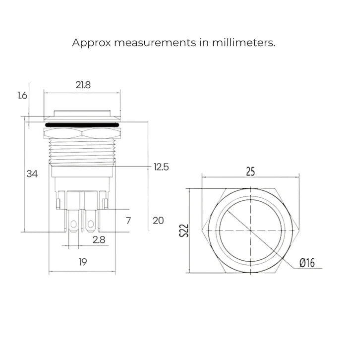 19mm latching led yellow push button switch for caravan and rv accessory control and dashboards