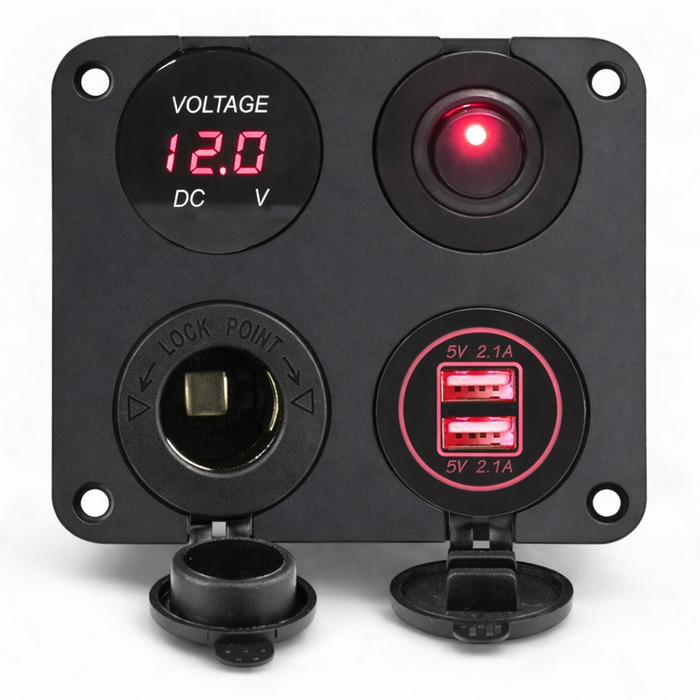 rv square surface mount 4 in 1 panel for accessory power, voltage monitoring and switching