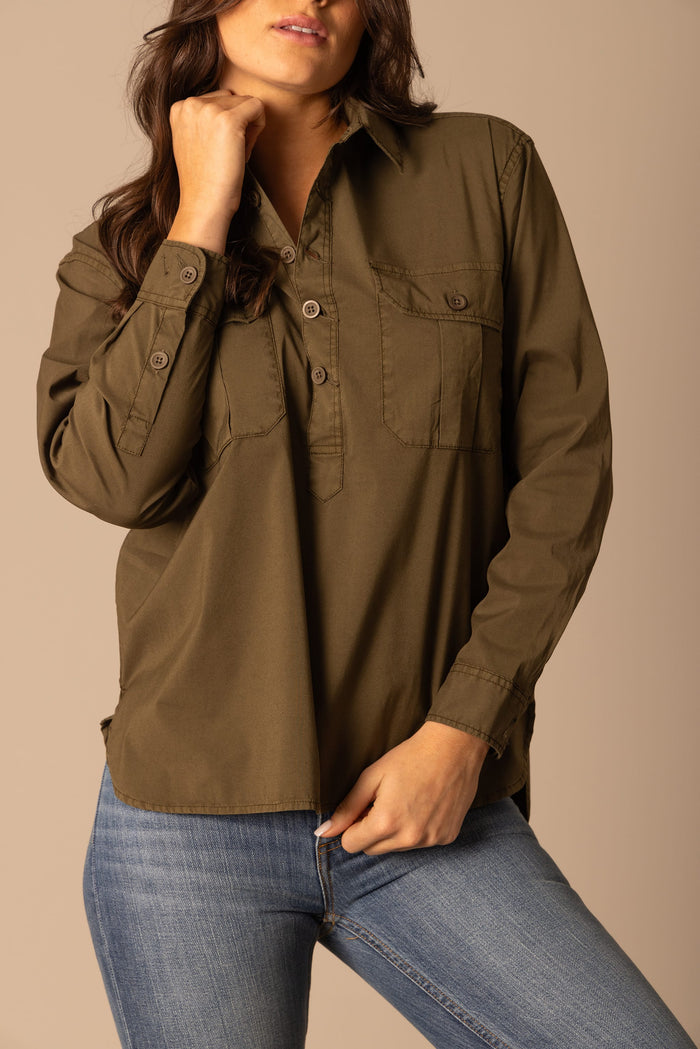 Olive green button-up shirt on woman, unnamed-204