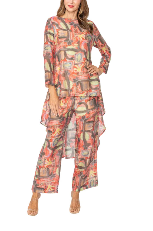Abstract Art Print Pull-On Pant in Coral - C1104P