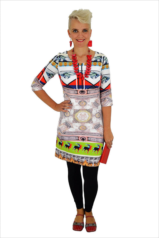 Black and white abstract deer print tunic by David Jessie, featuring a stylish, relaxed fit with artistic animal design.
